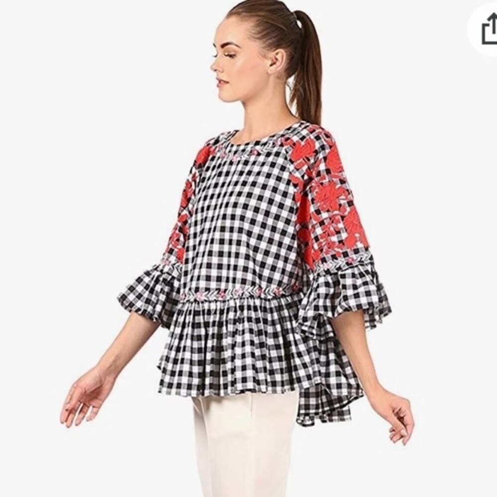 Anthropologie Pankaj and Nidhi Gingham Check Applique Cotton Top S NWOT - Picture 7 of 16
